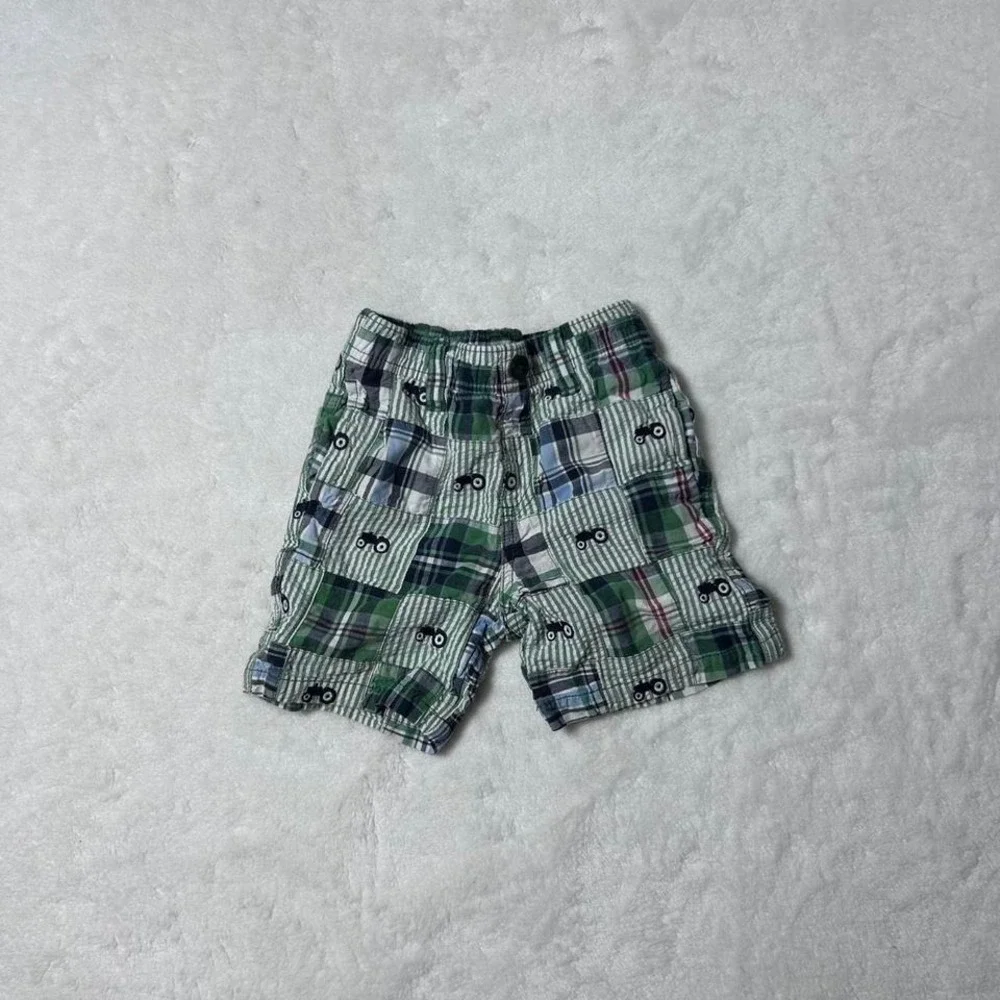 Gymboree Boys Tractor Green Blue Plaid Shorts Sz 18-24 M Farming Country Farmer